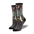 Gray crew socks with skull bride, black cat, and spider web Halloween patterns - Skeleton Bride & Cat