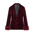Elegante blazer lungo in velluto rosso vino con polsini in ecopelliccia e revers classici - XS / Tops