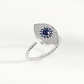 Silver evil eye spinning ring with blue and white zircons, adjustable band for anxiety relief - PNJ506 / Platinum