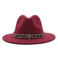 Classic burgundy wool fedora hat with brown leather rivet band on white background - Burgundy