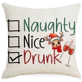 Housse de coussin en lin de Noël avec motif renne drôle 'Drunk' sur tissu beige - Vilain Sage Ivre