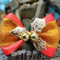 Christmas pet bow accessory in red ribbon with gold bells and festive leaf charms - Style 24-Red Satin Gold Edge Gold Leaf Double Bell