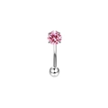 Detailed macro view of a silver stainless steel eyebrow piercing with a pink zircon stone - Silver Pink Zirconia