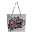 Boho tote bag with embroidered owl and floral patterns on woven canvas with rope handles - Flower Owl