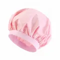 Pink waterproof shower cap with a wide elastic headband and glossy satin finish - One Size / Pink