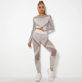 Set yoga senza cuciture a maniche lunghe con leggings a vita alta a costine grigio e marrone - Marrone
