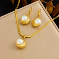 Gold-plated vintage heart fan jewelry set with pearls and necklace on beige display box - Half Moon Pearl Jewelry Set (N3186 E6204)