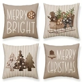 Set of 4 rustic Christmas pillow covers with Merry Bright and tree designs - Earth Tone Wishes