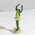 Green resin yoga frog figurine in beige tutu skirt with golden accents on leaf base - Ballet Frog D235