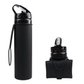 Black collapsible silicone sports water bottle shown in both folded and expanded states - Black