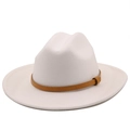 Detailed shot of white wool fedora with brown snake pattern leather band and buckle - M (56-58cm) / White