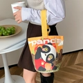 Mini orange canvas bucket tote featuring a cute cartoon panda and yellow ribbon handles - Panda Star