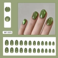 Sparkling cat eye green oval press-on nails set of 24 pieces with forest finish - Emerald Green Forest Cat Eye Style (W1305) With Glue
