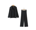 Women's black ribbed knit two-piece set with lapel wrap sweater and wide-leg trousers - One Size / Dark Gray