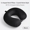 Black memory foam U-shaped travel pillow with crystal velvet cover and snap closure - Black