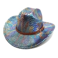 Iridescent western cowboy hat with colorful snake skin pattern and brown leather belt - M (56-58cm) / Black