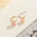 Elegant gold hoop earrings featuring natural pink raw stone pendants on white surface - Strawberry Style (YLEH-0156-Strawberry)