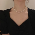 Elegant white freshwater pearl choker necklace styled on a model with a black V-neck top - Short Minimalist Pearl Choker (O-b-004)