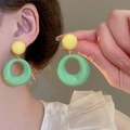 Colorful geometric flower earrings featuring yellow studs and mint green hoops - Yellow Green Contrast Geometric Hoop (43# Silver Needle)