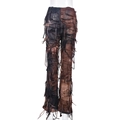 Detail der Hose im Distressed-Wasteland-Stil mit Fransenbändern und Patchwork-Design - S / Braun