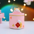 Pink resin desk organizer featuring a sleeping cat top and lucky Fu character plaque - Lucky Pink Cat Jar (2021-9B Pink)