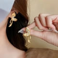 Elegant gold butterfly tassel earrings with pearls and crystals shown on model - 46# Silver Earring Post - Gold Butterfly Pearl Earrings
