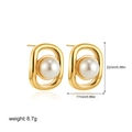 Detailed size view of 18k gold stainless steel earrings with round imitation pearl inlay - Rectangular Metal Frame Artificial Pearl (22928)