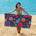 Double-sided microfiber beach towel with bright floral print on deep blue background - B66-Colorful Tropical Flowers