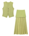 Detail of sage green knitted vest with metal buttons and matching pleated skirt set - S / Green Zirconia Set