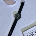 Minimalist black quartz watch with luminous green numerals and matching black leather strap - Small Size - Half Numeric Luminous Black Dial