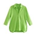 Grass green long sleeve linen shirt with side slits and classic button-up collar style - XS / Yellow-Green