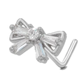 L-shaped silver stainless steel nose stud with a bow design and clear cubic zirconia - Bowknot Style (BD00497) / Silver