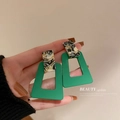 Green trapezoid drop earrings with marble pattern rectangle on a black sleeve background - 28# Silver Needle-Acrylic-Green-Trapezoid