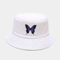 Bob en coton blanc avec motif de papillon bleu et surpiqûres sur le rebord - M (56-58cm) / Blanc Papillon Bleu