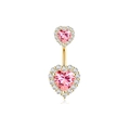 Golden double heart belly button ring with sparkling pink zircons and halo setting - Gold Pink Heart