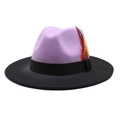 Close-up of lavender and black gradient wool fedora hat with elegant colorful feather detail - M (56-58cm) / Taro Purple + Black