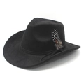 Classic black suede cowboy fedora hat with distinctive spotted feather accent piece - M (56-59cm) / Black