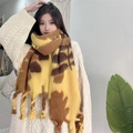Yellow-brown cashmere feel scarf with leaf patterns and tassels on beige sweater - Yellow Leaf Pattern