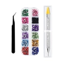 Detail view of 12-grid colorful acrylic rhinestone set with tweezers and wax dotting pen - 3-Piece Set (12-Color Rhinestones)