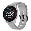 Light grey silicone sports watch with round LED screen showing steps and temperature - Gray