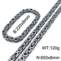 Hip hop silver stainless steel Byzantine chain set with 220mm bracelet and 650mm necklace - 8mm Set / Matte Black