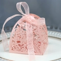 Pink laser-cut rose wedding candy box in pearlescent paper with matching silk ribbon - Pink