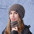 Women's winter knitted beanie and neck warmer set in dark brown with diamond pattern - Coffee