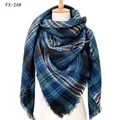 Blue and green plaid oversized cashmere-feel scarf with fringe on a mannequin - 140x140cm / 24# Black Blue Plaid