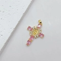 Cross pendant with pink teardrop stone and zircon pave in gold plated finish - Pink