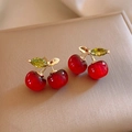 Elegant cherry stud earrings with red fruit, gold leaves, and green gemstone accents - 62# Gold Red Realistic Cherry Style
