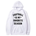 White football print hoodie featuring favorite season text and front kangaroo pocket - S / Tops / White