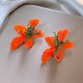 Orange resin flower tassel earrings with green and purple bead details in summer style - 23# Silver Earring Post - Orange - Flower