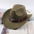 Olive green felt cowboy hat with brown leather band and metal bull head ornament - Leather Strap Bull Head / Army Green