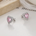 925 sterling silver heart stud earrings with pink zircon and screw ball back - 925 Silver / Platinum Plated / Pair (Pink Zirconia)